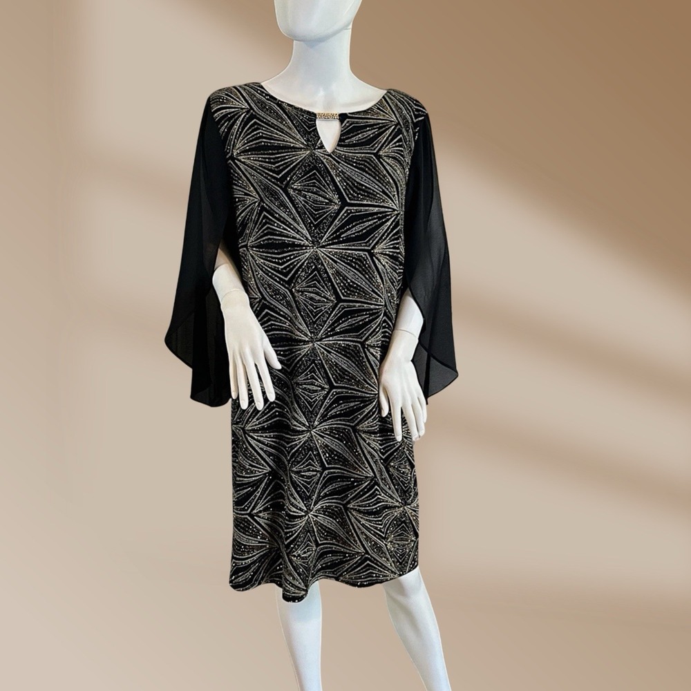 AGB Dress Black With Gold Sparkle Details Sheer Tulip Sleeves Size 16 GORGEOUS!